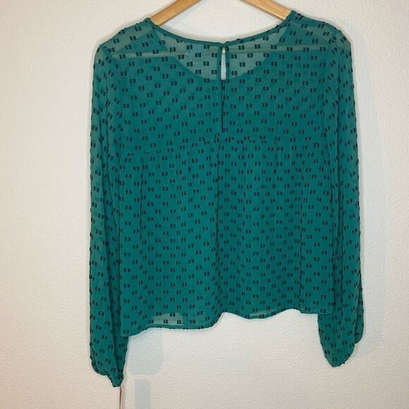 Merona Green Black Printed Sheer Crewneck Long Bishop Sleeve Flowy Flare - Picture 4 of 6